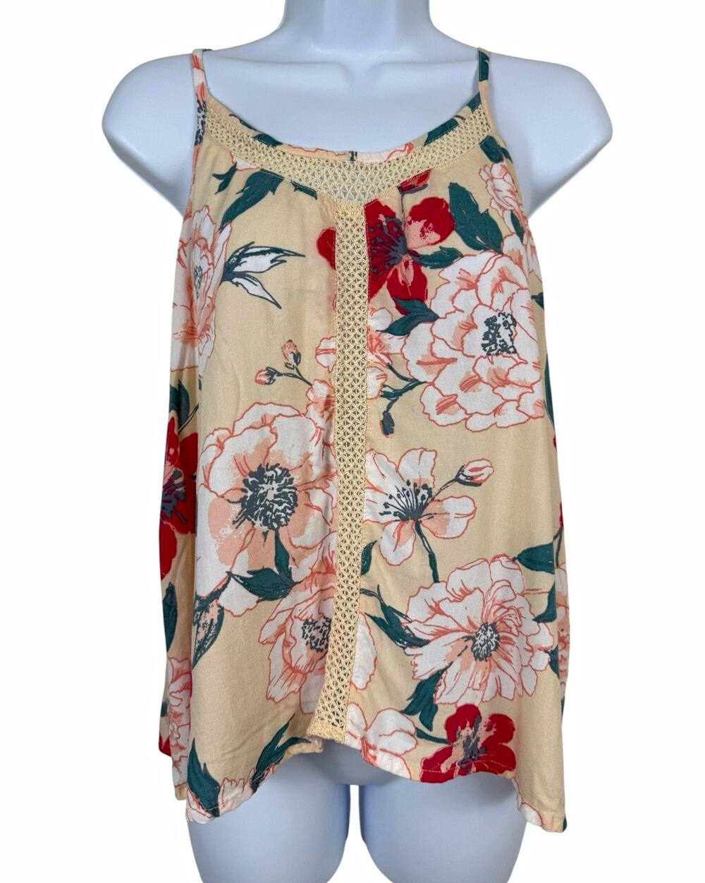 Roxy Top Womens Small Orange Peach Floral Spaghetti Strap Crochet Cami Tank